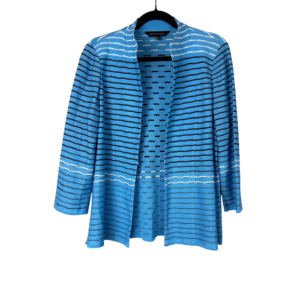 Ming Wang Blue Striped Knit Open Front Cardigan 3/4 Sleeve Small Career Office